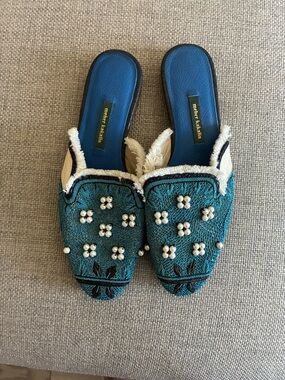 Meher Kakalia Teal Embroidered Embellished Slip Mules
